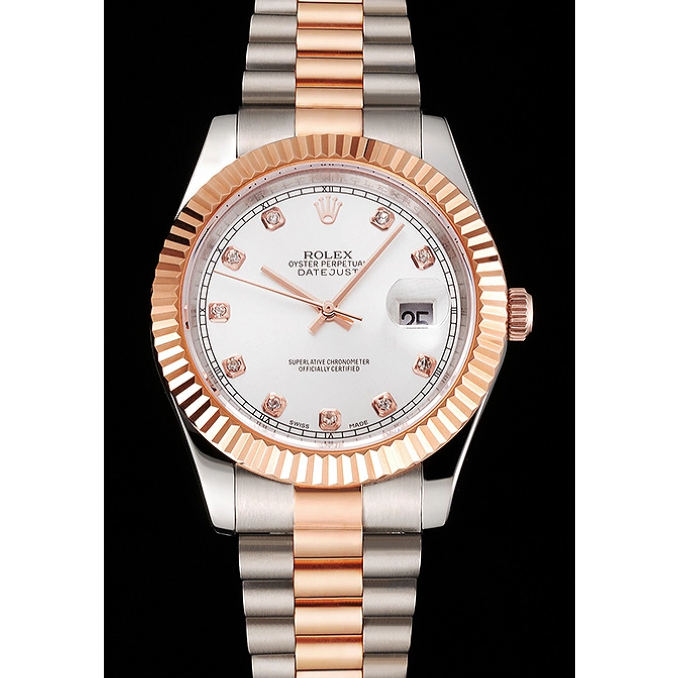 Rolex copies cheap Stainless Datejust White Case Swiss Bezel Dial Gold Steel Tone Rose Two Bracelet Rolex 0717